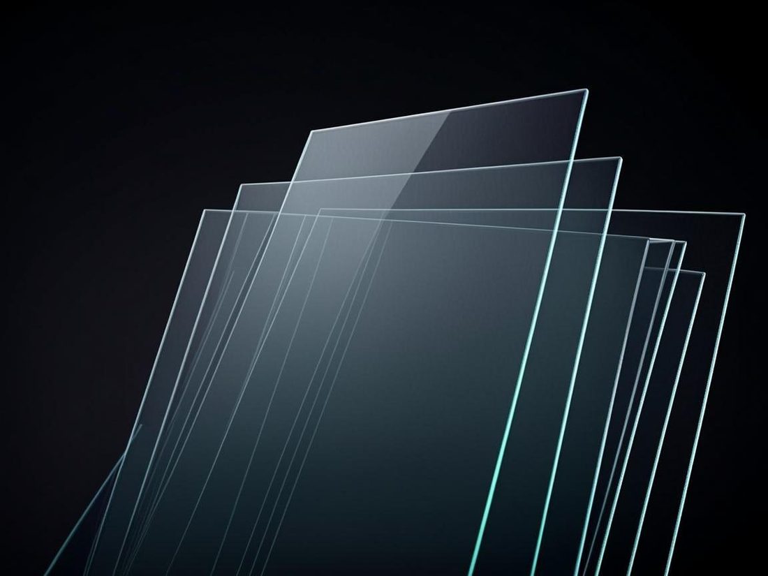 Abstract render of layered dark glass panels with emerald edges